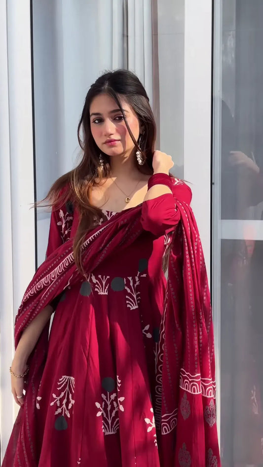 Biba Maroon Discharge Print Anarkali Suit Set with Pant & Dupatta (Maroon)