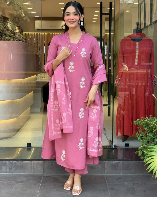 Biba Elegant Taupe Floral Embroidered Cotton Suit Set