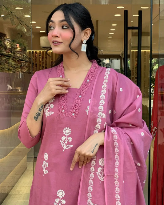 Biba Elegant Taupe Floral Embroidered Cotton Suit Set