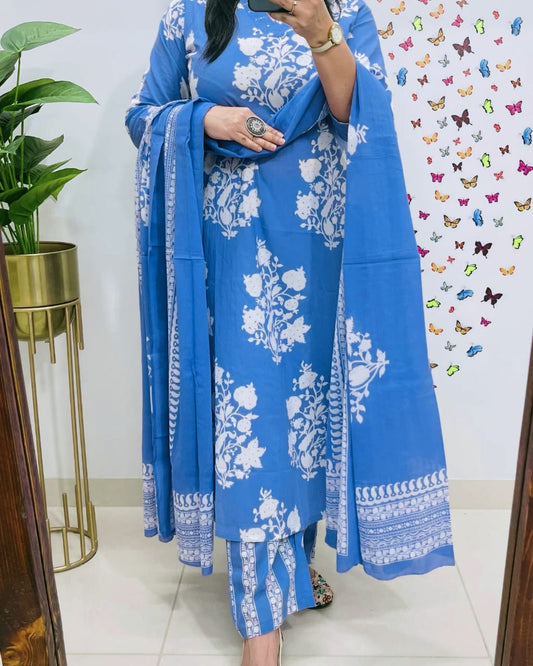 BIBA Cotton Sequence Work Kurti with Pant & Cotton Dupatta Set