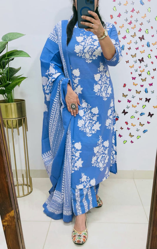 BIBA Cotton Sequence Work Kurti with Pant & Cotton Dupatta Set