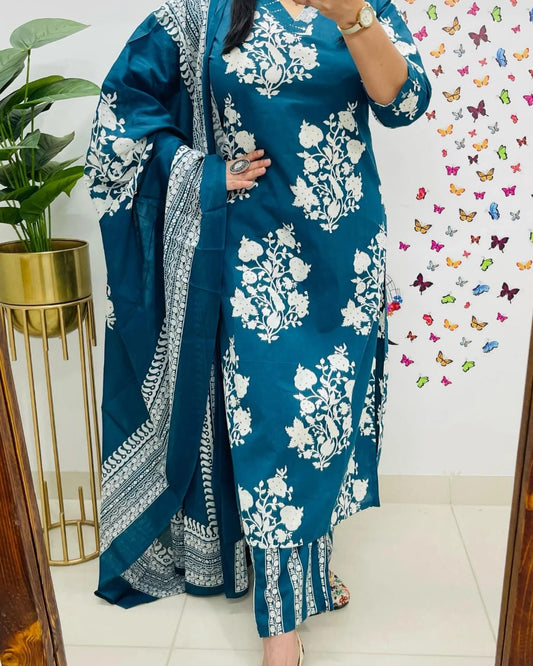 BIBA Cotton Sequence Work Kurti with Pant & Cotton Dupatta Set Blue