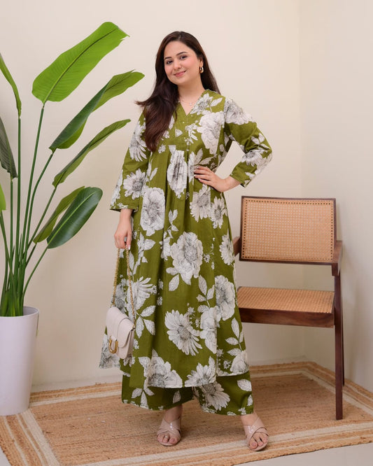 Biba Bottle Green Botanica Cotton A Line Kurta Palazzo Set