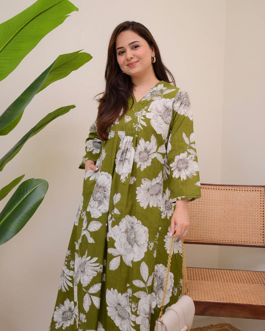 Biba Bottle Green Botanica Cotton A Line Kurta Palazzo Set