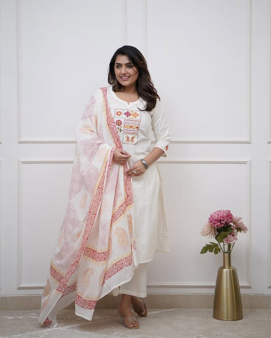 Biba White Embroidered Aline Kurta Bottom Set With Dupatta