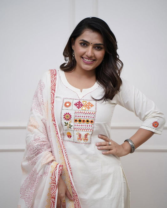 Biba White Embroidered Aline Kurta Bottom Set With Dupatta