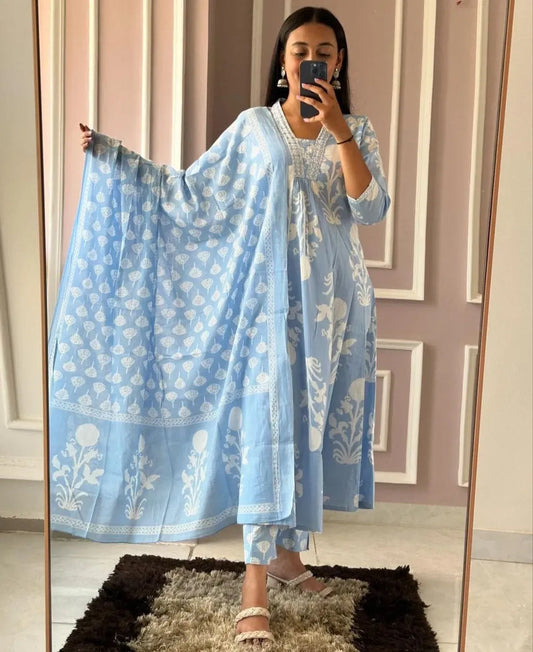 Biba Light Blue Cotton Kurta Pant Set With Embroidery Work And MulMul Dupatta For Women